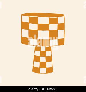 Trendy checkered table lamp vector illustration. Hand drawn retro lighting fixture with orange and white checkerboard pattern. Stylish mid century Stock Vector