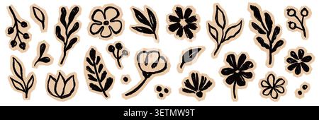 Flower brush leaf sticker set. Hand drawn flower brush leaf floral paint stroke sketch with paper scrapbook collage texture. Botanical spring daisy poppy leaves herb summer. Vector illustration Stock Vector