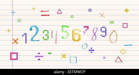 Hand drawn marker highlights, color numbers and underlines, vector school doodle or pixel font on lined paper background. Scribble elements for emphasizing, notes with felt pen strokes texture Stock Vector