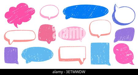 Hand drawn speech bubbles with pastel crayon textures, colorful chalk doodle frames. Vector comic dialogue box with brush strokes, text clouds or message icons, pencil chat designs in playful 3d style Stock Vector