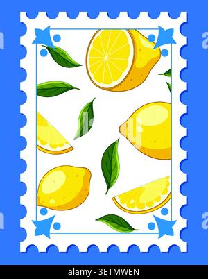 Flat vector illustration of whole and sliced lemons with green leaves on postage stamp. Stock Vector