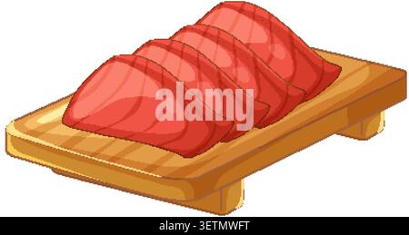 Vector illustration of sliced red tuna sashimi arranged on a traditional wooden sushi board Stock Vector