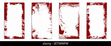 Rough brush border with grunge red paint strokes isolated on transparent background. Vector realistic illustration of rectangle frames with distressed texture edges, vintage ink splashes, worn effect Stock Vector