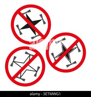 A collection of black Vector drone icons with red prohibition signs indicating no drone zones or restricted flying areas. EPS 10. Stock Vector
