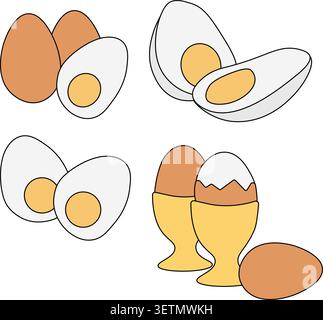 Boiled egg in cup. Cooked eggshell protein in eggcup, organic chicken eggs for healthy breakfast, protein diet food Egg Colored composition set hand d Stock Vector