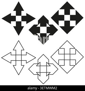 Collection of black and white four way arrow cursors vector. Symbols support UI design for move tools and application navigation. EPS 10. Stock Vector