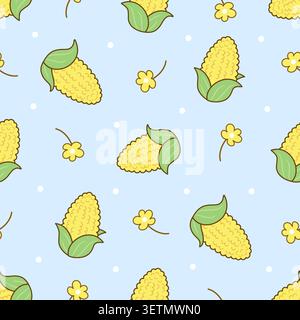 Corn seamless pattern. Yellow cartoon corns and florals. Nature agriculture backdrop, print design for fabric, packing, wrapping, nowaday vector Stock Vector