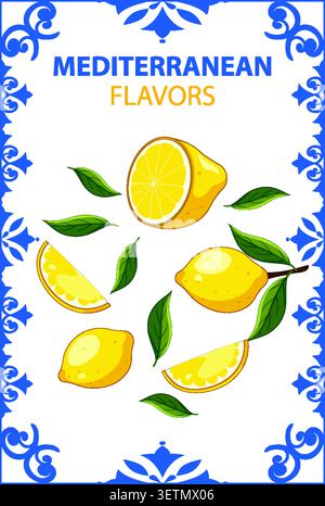 Flat vector illustration of fresh lemons and leaves framed by blue Mediterranean tile patterns. Stock Vector