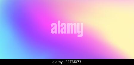 Holographic dreamlike gradient background with rainbow iridescent texture. Vibrant horizontal backdrop with smooth blending neon colors. Fluid pastel shades in purple, pink, blue and yellow for apps Stock Vector