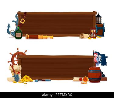 Pirate banners of cartoon old wood sign boards with corsair black flag, treasure map and chest. Funny parrot, pirate ship anchor and wheel, filibuster gun, rum and spyglass, piracy adventure banners Stock Vector