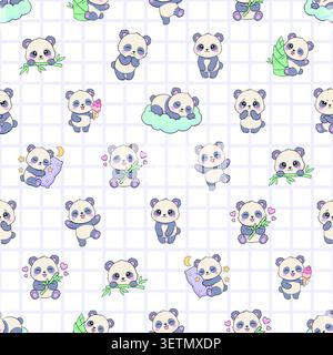 Cute little pandas seamless pattern on purple grid background Stock Vector