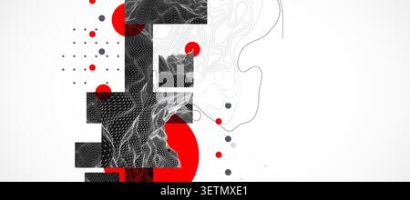 Abstract wireframe graphic background with red circles black geometric shapes and wave lines. Vector Stock Vector