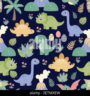 Cute dinosaurs seamless pattern on dark blue background Stock Vector