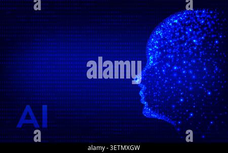 Artificial intelligence with a human face in neon light. Innovative machine learning technology. A futuristic concept of the brain using binary data. Stock Vector