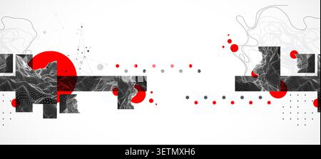 Abstract wireframe graphic background with red circles black geometric shapes and wave lines. Vector Stock Vector