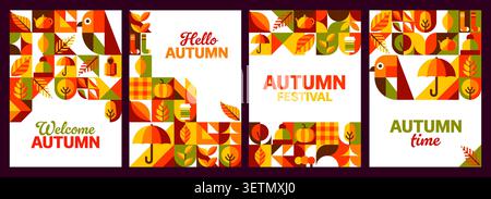 Autumn falling season posters with warm mosaic geometric ornament patterns. Fall greeting cards with orange and yellow umbrellas, teapots and forest s Stock Vector