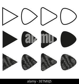 Collection of black triangle play button icons in multiple styles vector. Perfect for multimedia players web interfaces and mobile apps. EPS 10. Stock Vector