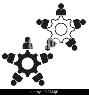 Teamwork icon set with people figures around a gear vector. Graphic supports corporate presentations and project management tools. EPS 10. Stock Vector