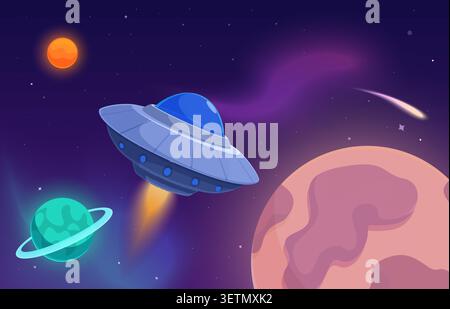 Alien ship space adventures. Cartoon spacecraft flying in night sky, colorful planets and asteroid or comet. Universe travel, sapid vector Stock Vector