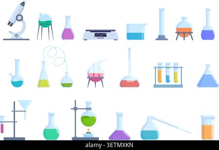 Chemical laboratory equipment. Research and experimental tools. Beakers and glass bowls containing various liquids. Drug development sapid vector set Stock Vector