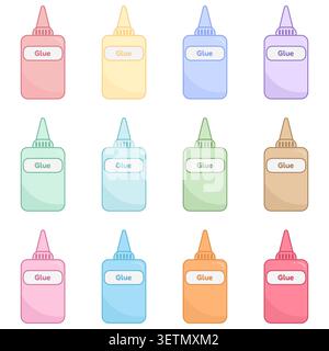 Cute pastel glue bottle icon collection featuring colorful school stationery supplies. Flat vector illustration ideal for education, classroom, learni Stock Vector