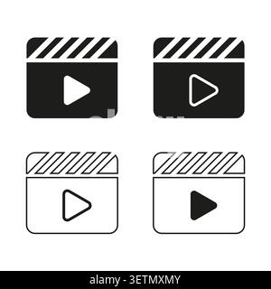 Video clapperboard icon set with play button symbol vector. Graphic supports multimedia app UI and web interface development. EPS 10. Stock Vector