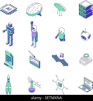 Isometric line artificial intelligence. Androids, cards, cloud servers. Development ai technologies, tools and equipment, computer systems, nifty Stock Vector