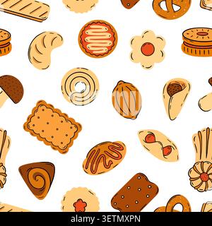 Sweet cookies seamless pattern. Doodle biscuits with chocolate and vanilla, fruit jam. Tasty bakery food, children snacks. Print for fabric, vector Stock Vector