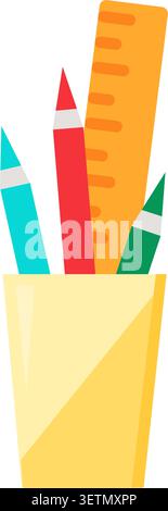 Pencil holder with stationery flat illustration representing office supplies education and creative work Stock Vector