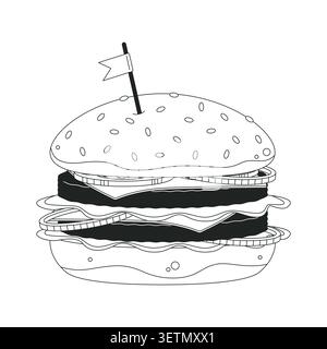Double cheeseburger topped with small flag 2D line object Stock Vector