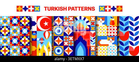 Turkey seamless patterns with geometric mosaic Turkish ornament elements. Vibrant blue, red and yellow layouts featuring stylized cats, hot air balloons and evil eye symbols for travel agency Stock Vector