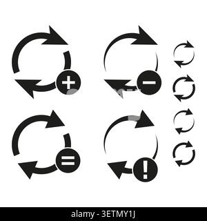 Geometric arrow forms pack features black vector circular reload shapes. Minimal collection visualizes abstract sign. eps 10 Stock Vector