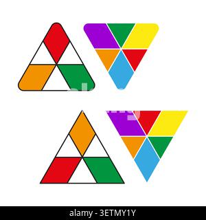 Triangle puzzle forms pack features colorful vector geometric mosaic shapes. Vibrant set complements modern layout design. eps 10 Stock Vector