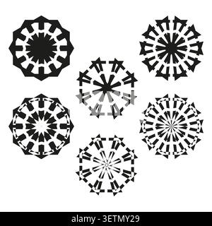 Abstract snowflake forms pack features black vector geometric star shapes. Minimal collection visualizes winter art. eps 10 Stock Vector