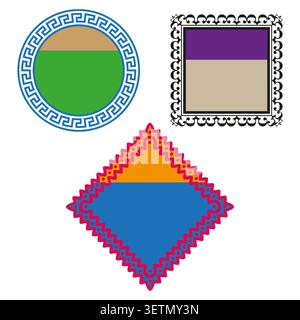 Blank badge stamp forms pack features colorful vector geometric borders. Minimalist label collection highlights retro themes. eps 10 Stock Vector