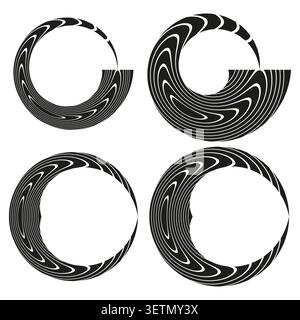 Abstract crescent forms pack features black vector striped ring shapes. Minimal collection visualizes geometric illusion. eps 10 Stock Vector