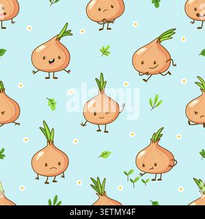 Cartoon onion seamless pattern. Simple kawaii onions, farm vegetables. Funny nature characters, print for wrapping, packing, fabric, nowaday vector Stock Vector