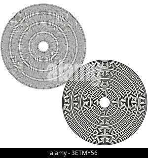 Circular meander forms pack features black vector intricate maze spirals. Minimal collection visualizes optical art. eps 10 Stock Vector