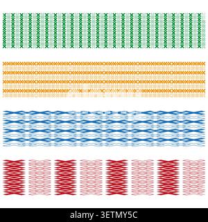Geometric border forms pack features colorful vector patterned line shapes. Vibrant collection visualizes abstract divider. eps 10 Stock Vector