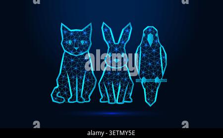 Neon low poly wireframe cat rabbit and parrot sitting together on dark blue background. Stock Vector
