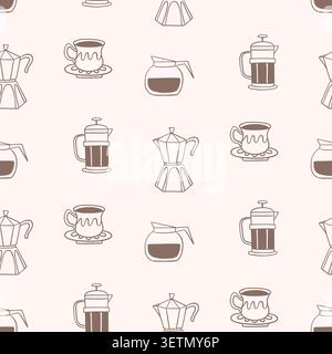 Retro coffee seamless pattern with cups, moka pots Stock Vector