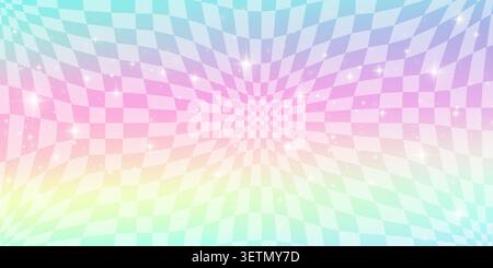 Holographic grid pattern with pink gradient and retro geometric elements. Futuristic cyber aesthetic with checkered composition in pastel colors for Stock Vector