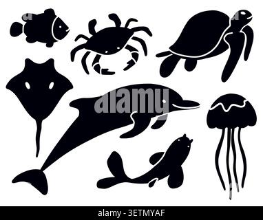 Marine animals black silhouettes vector collection Stock Vector