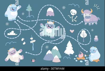 Children yeti maze game. Help yeti find friends. Childish development game, colorful cartoon entertainment with funny characters, nowaday vector Stock Vector