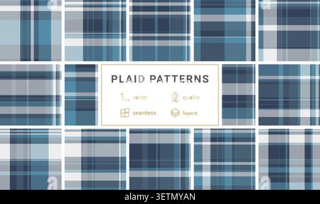 Classic blue and white plaid pattern featuring a seamless tartan design. Ideal for textile printing, fashion backgrounds, or elegant home decor textur Stock Vector