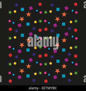 Confetti geometric forms pack features colorful vector stars and squares. Festive seamless pattern highlights celebration. eps 10 Stock Vector