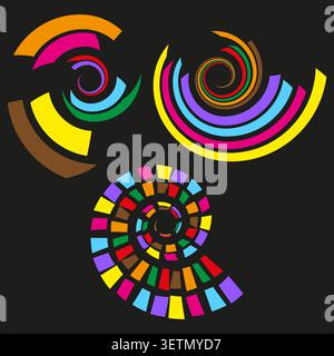 Abstract spiral swirl forms pack features colorful vector neon mandalas. Vibrant collection highlights psychedelic motion. eps 10 Stock Vector