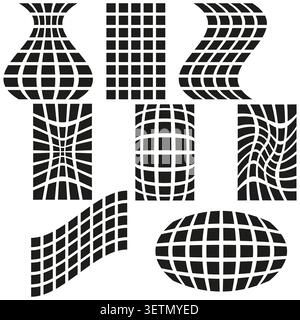 Abstract optical illusion forms pack features black vector distorted grid shapes. Minimal collection visualizes warp. eps 10 Stock Vector