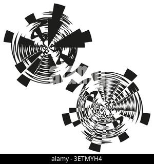 Abstract geometric circular forms pack features black vector jagged spirals. Minimalist art collection visualizes energy. eps 10 Stock Vector