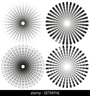 Geometric sunburst forms pack features black vector dashed radial shapes. Minimal collection visualizes abstract star. eps 10 Stock Vector